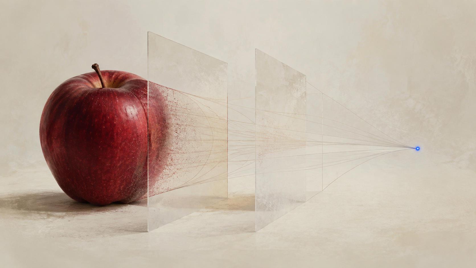 A red apple becoming an observation: lines converge on a blue point.