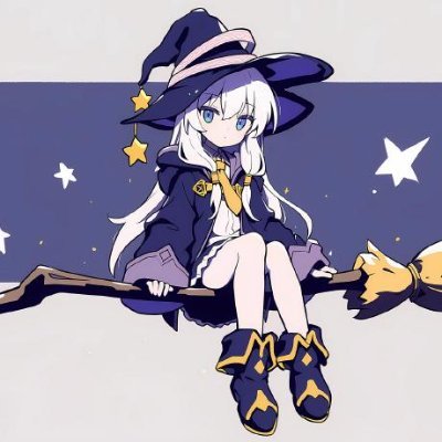 Polaris: a white-haired witch in a midnight-blue hat, sitting on a broom.